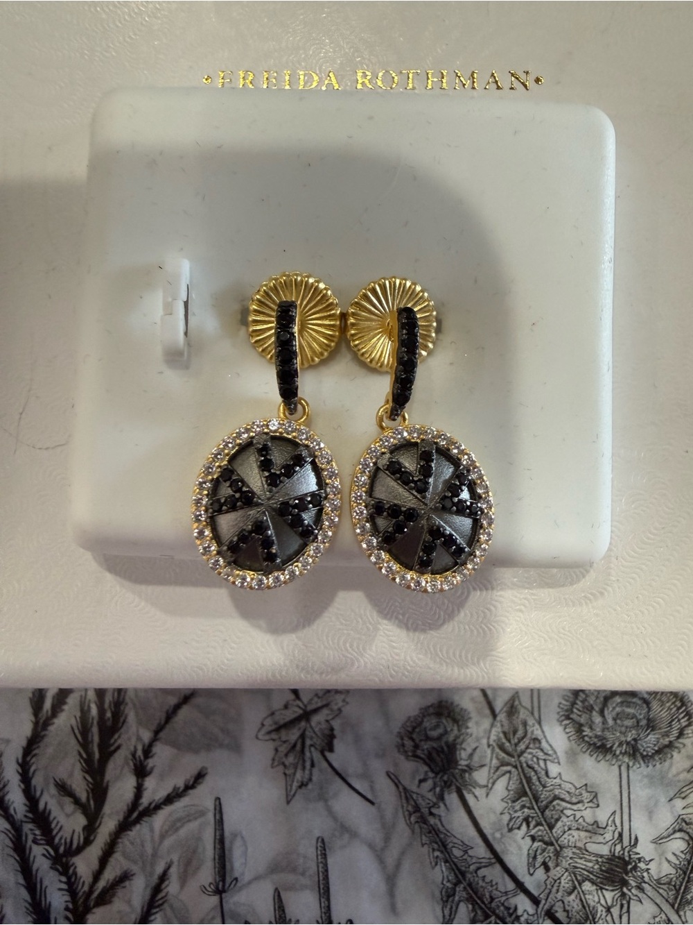 Freida Rothman Signature Gold & Black Crystal Drop Earrings Sterling Silver